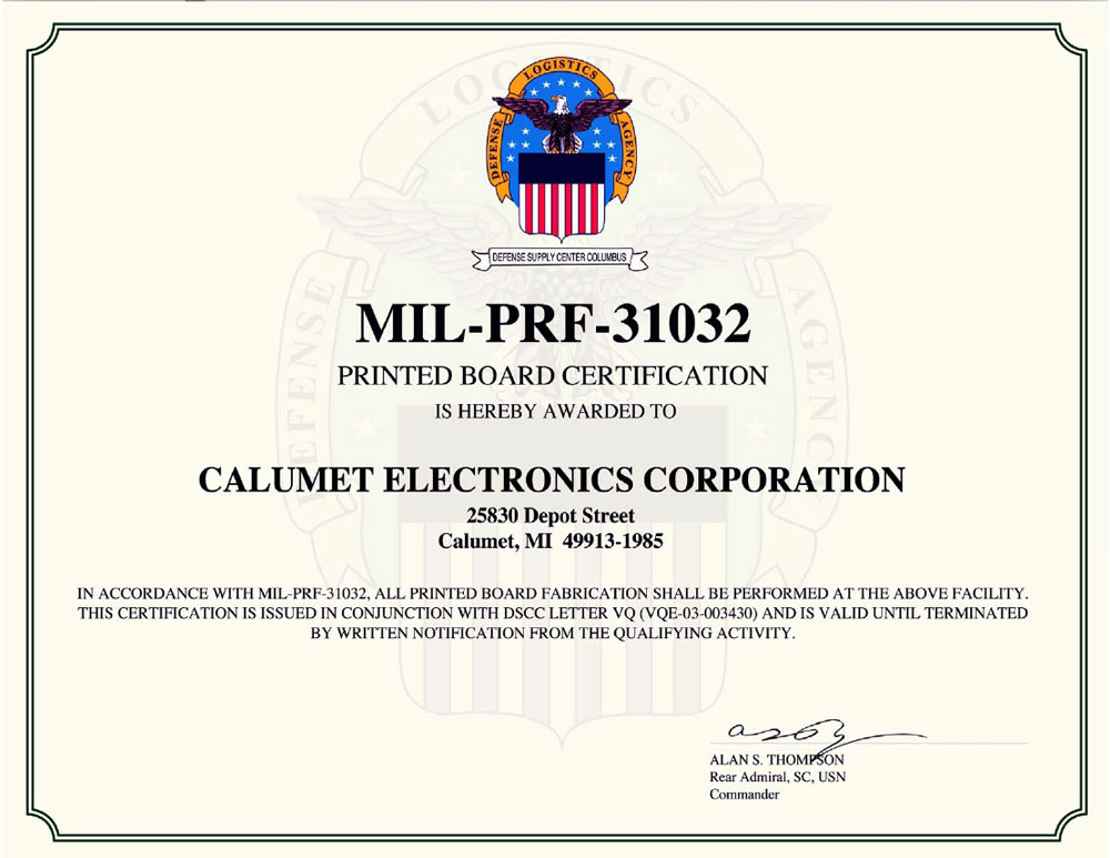 Calumet Electronics MIL-PRF-31032 certification